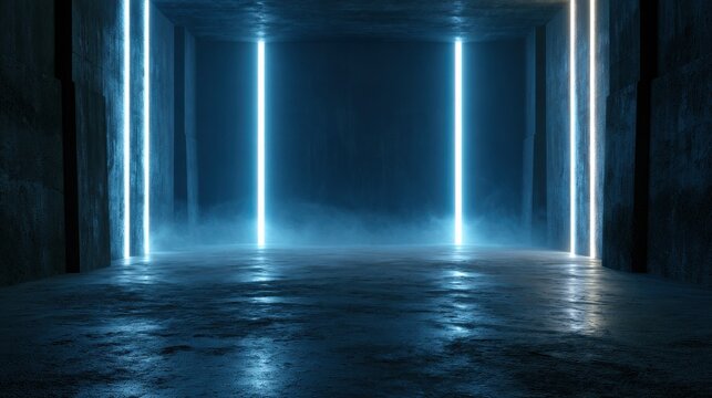 futuristic chamber with blue light strips and fog