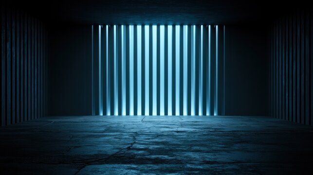Dark room with blue illuminated slats and cracked floor