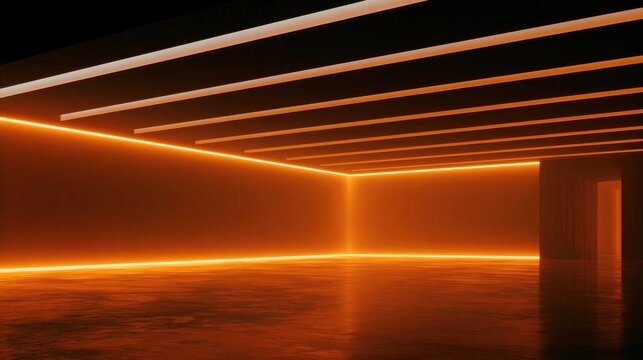 Orange lit empty interior with glowing ceiling strips