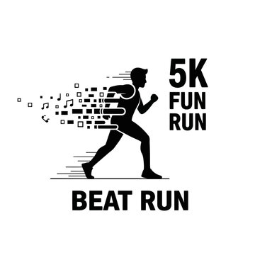 Dynamic Runner Silhouette With Musical Notes And Pixel Effect For 5K Fun Beat Run Event Title