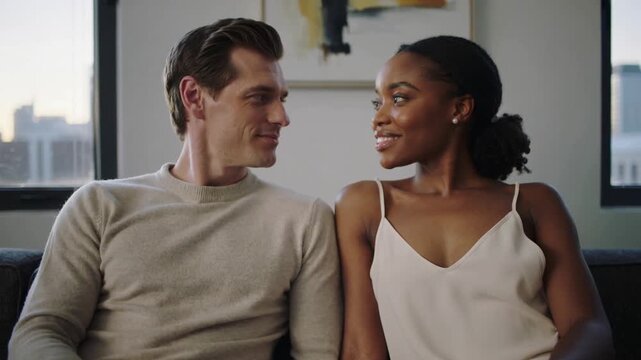 Turning heads after glance, couple exchanging eye contact showing affection on sofa apt, sweater