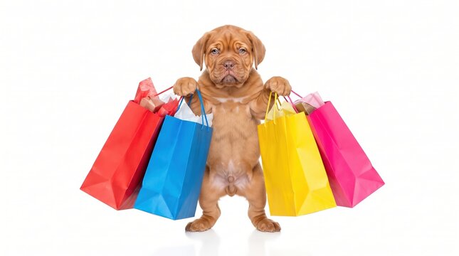 Dogue de Bordeaux puppy holding colorful shopping bags on white background
