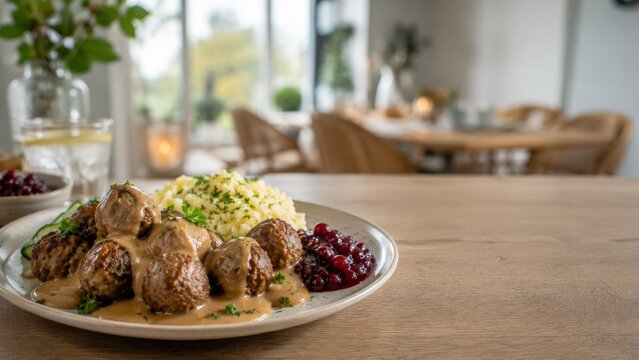 Traditional meatballs with mashed potatoes on dining table