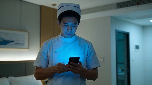 Tapping smartphone, Asian nurse in white uniform checking phone and scanning bedroom adjusting cap