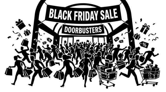 Black Friday sale crowd rushing towards store entrance.