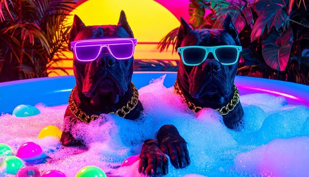 Two fierce guard dogs , Having a Bubble Bath Wearing Sunglasses with Neon Cyberpunk