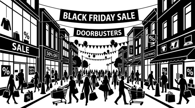 Black Friday sale shoppers crowding city street for doorbusters.