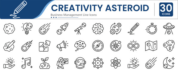Set of 30 outline icons related to creativity asteroid. Containing asteroid, rocket, telescope, brain, light bulb and more. Linear icons collection. Editable stroke. Vector illustration © ToufikGlyph