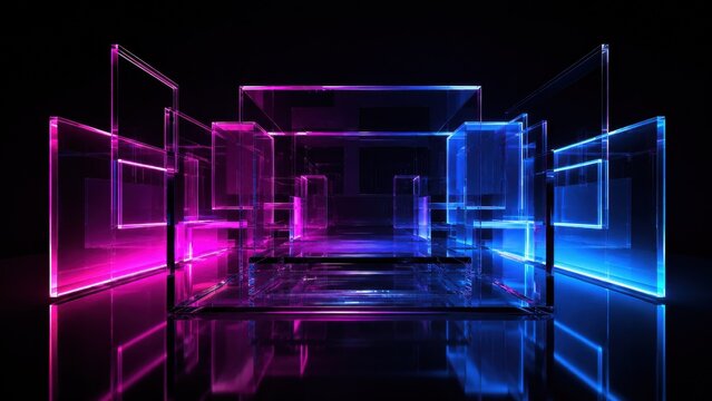 Glowing futuristic glass structure with neon light on dark background