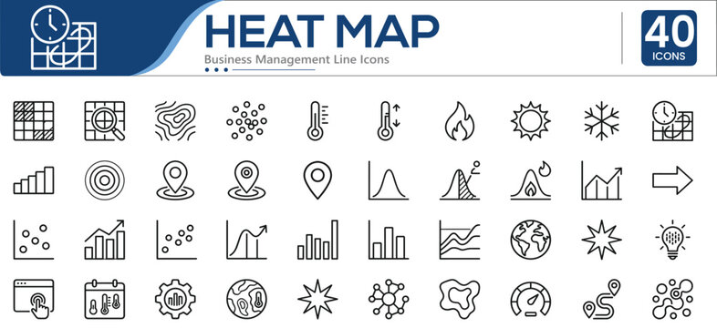 Set of 40 outline icons related to heat map. Containing heatmap analysis, data visualization, temperature, location tracking, analytics and more. Linear icons collection. Editable line icon