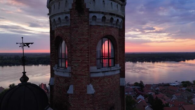 Aerial Drone View of Gardo&scaron; Tower at Sunrise in Zemun, Belgrade, Serbia