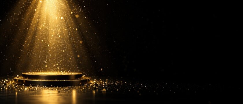 Gold spotlight on empty stage with glittering particles