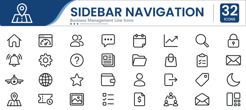 Set of 32 outline icons related to sidebar navigation. Containing home, search, calendar, user profile, settings and more. Linear icons collection. Editable line icon. Vector illustration
