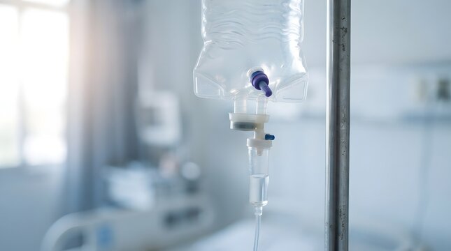 IV Drip Bag with Saline Solution Hanging in Hospital Patient Room