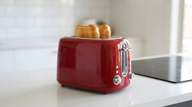 Red Retro Toaster with Fresh Toasted Bread on Kitchen Counter