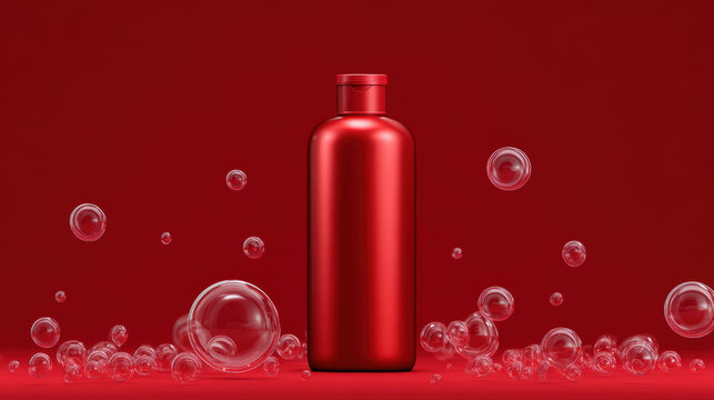 Red pump dispenser bottle surrounded by foamy white soap bubbles and floating suds on a vibrant red background