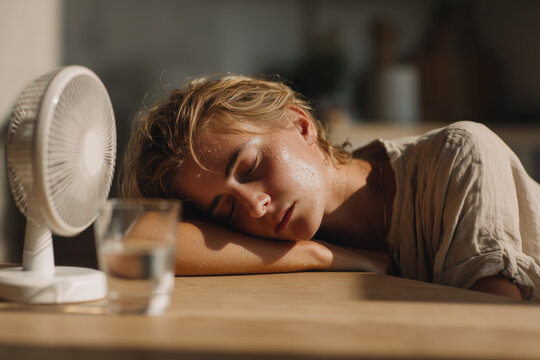 Exhausted person resting with their head on a table during a hot summer day, with a small fan blowing cool air nearby