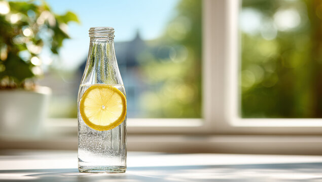Refreshing sparkling lemon drink in glass bottle on wooden table outdoors, enjoying a healthy summer beverage