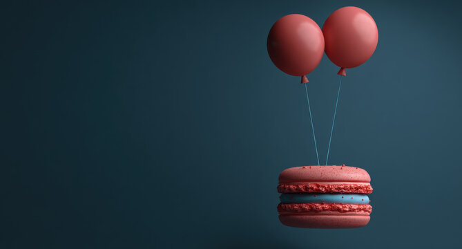 Red macaron balancing on a blue balloon, representing delicate lightness and a playful party concept