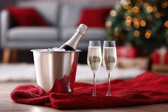 Champagne bottle in ice bucket with two flutes, celebrating holiday season or new year's eve party