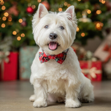 West highland white terrier dog sitting by christmas tree with holiday gifts, celebrating festive season at home