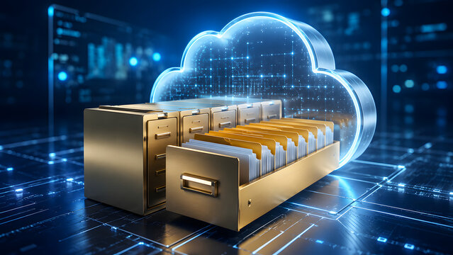 Metallic filing cabinet drawer with yellow folders in front of a glowing glass cloud hologram. Concept of digital archive modernization, cloud database storage, and secure virtual document hosting.