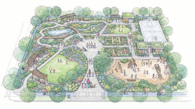 Architectural CAD Landscape Human Activity Library with Families, Children, Seniors, Cyclists and Community Park Activities, Blueprint Green Infrastructure Layout, Watercolor Editable Vector