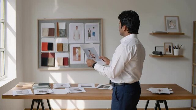 Picking up print, man in white shirt comparing with fabric board on wooden desk, copy space