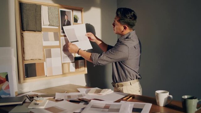 Sorting man in rolled sleeves holding print against mood board studio, comparing color, copy space