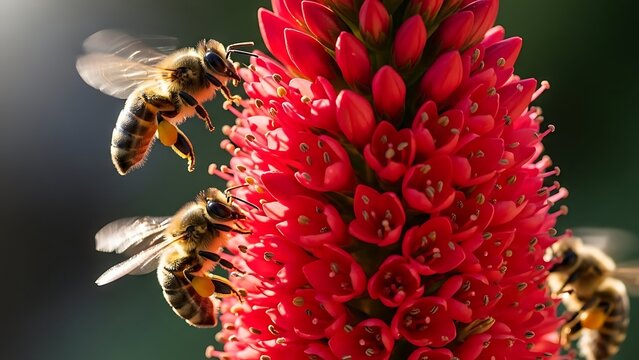 Honey bees pollinating a bright red spiky flower with pollination, wildlife