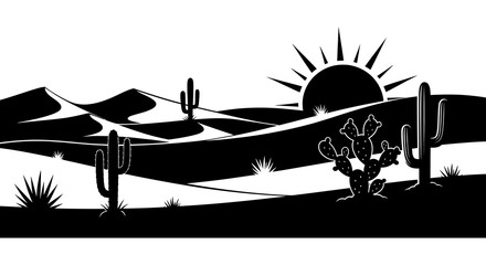 Obraz premium Desert Landscape With Cacti And Sun Black Silhouette