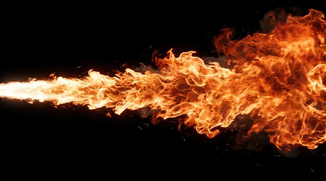 Powerful stream of fire and sparks on black background