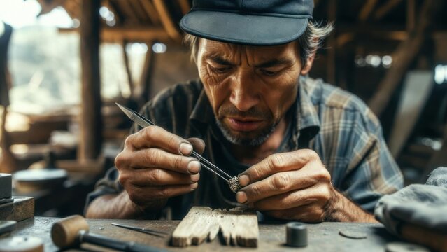 Male artisan craftsman focused on detailed woodwork using precision tools in a rustic workshop with wooden beams and various tools visible in the background