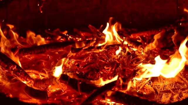 Close-up video of burning firewood in an outdoor campfire with glowing flames, embers and natural fire movement.