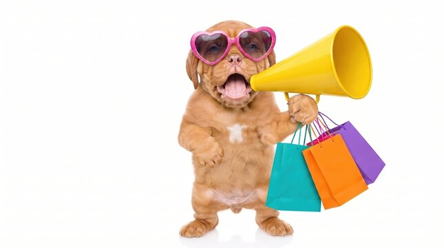 Dogue de Bordeaux puppy wearing pink heart sunglasses holds a yellow megaphone and colorful shopping bags on a white background, promoting retail sales, discounts and playful advertising