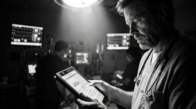 Doctor Studying Medical Data On Tablet In Intensive Care Unit