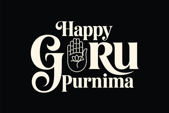 Stylized typographic text Happy Guru Purnima with a hand and lotus illustration in the center