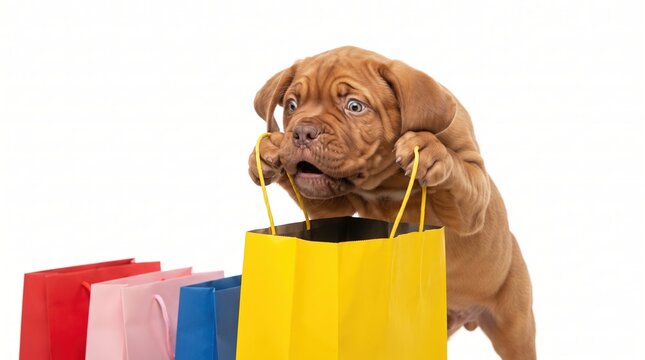 Surprised Dogue de Bordeaux puppy peeking into a yellow shopping bag beside colorful paper bags on a white background