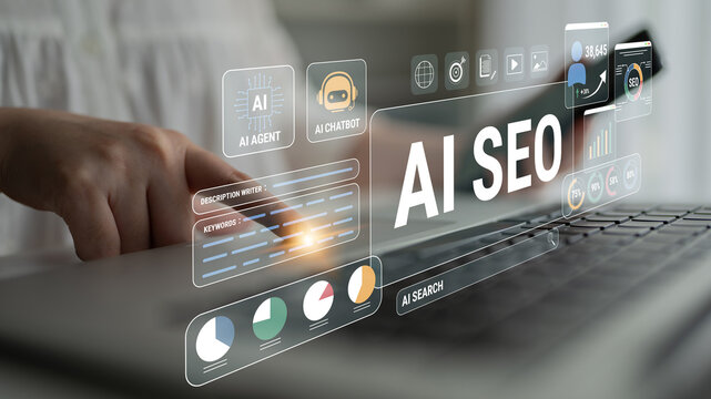 Futuristic User Interface Displaying AI SEO Tools and Analytics on Laptop Screen with Focus on Finger Touching the Keyboard. Glyphic.