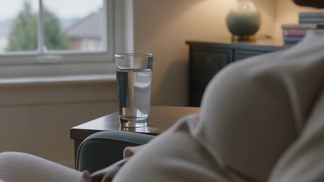 Holding glass, pregnant woman in loungewear placing it on table in living room, tapping to rest