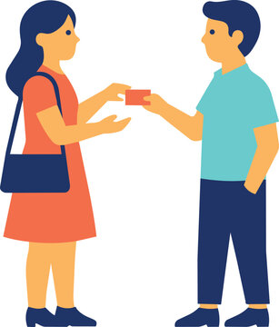 Business card exchange vector illustration with man giving a card to woman