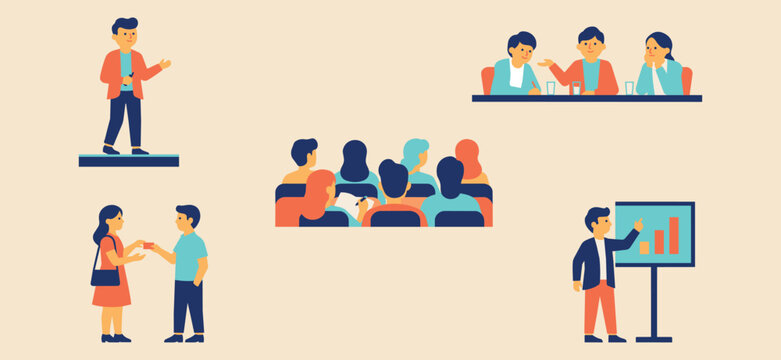 Business conference and meeting vector illustration set with presentation, audience, panel discussion and teamwork scenes