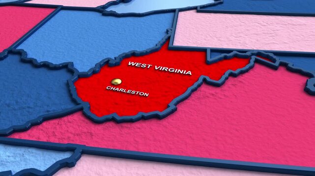 Looped 3D election map animation of the United States zooming into West Virginia state, featuring red, blue, purple and green political outcome variations. 