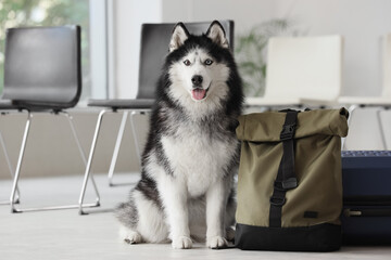 Siberian husky dog with heterochromia sitting next to a travel backpack and luggage in a waiting room, the dog has one blue eye and one brown eye © Pixel-Shot