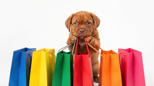 dogue de bordeaux puppy holding colorful shopping bags in its mouth on a white background