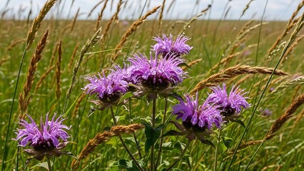 Obraz premium Wild purple bee balm flowers growing among tall field grass with wildflower