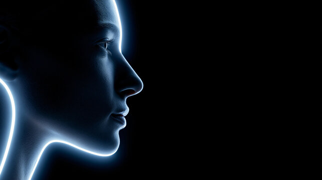 Neon-style outline of a human head profile illuminated against a stark black background, futuristic minimalist art concept, with copy space