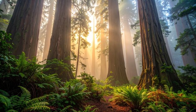 Mystical Foggy Redwood Forest at Dawn