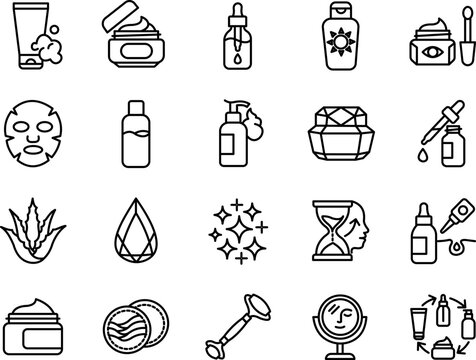 Skincare routine and beauty product icon set in line art style