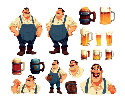 Brewer bartender man cartoon vector set. Man apron holding beer mug glass wooden cup drink beverage alcohol tavern pub bar emotion face expression smile character isolated on white backdrop